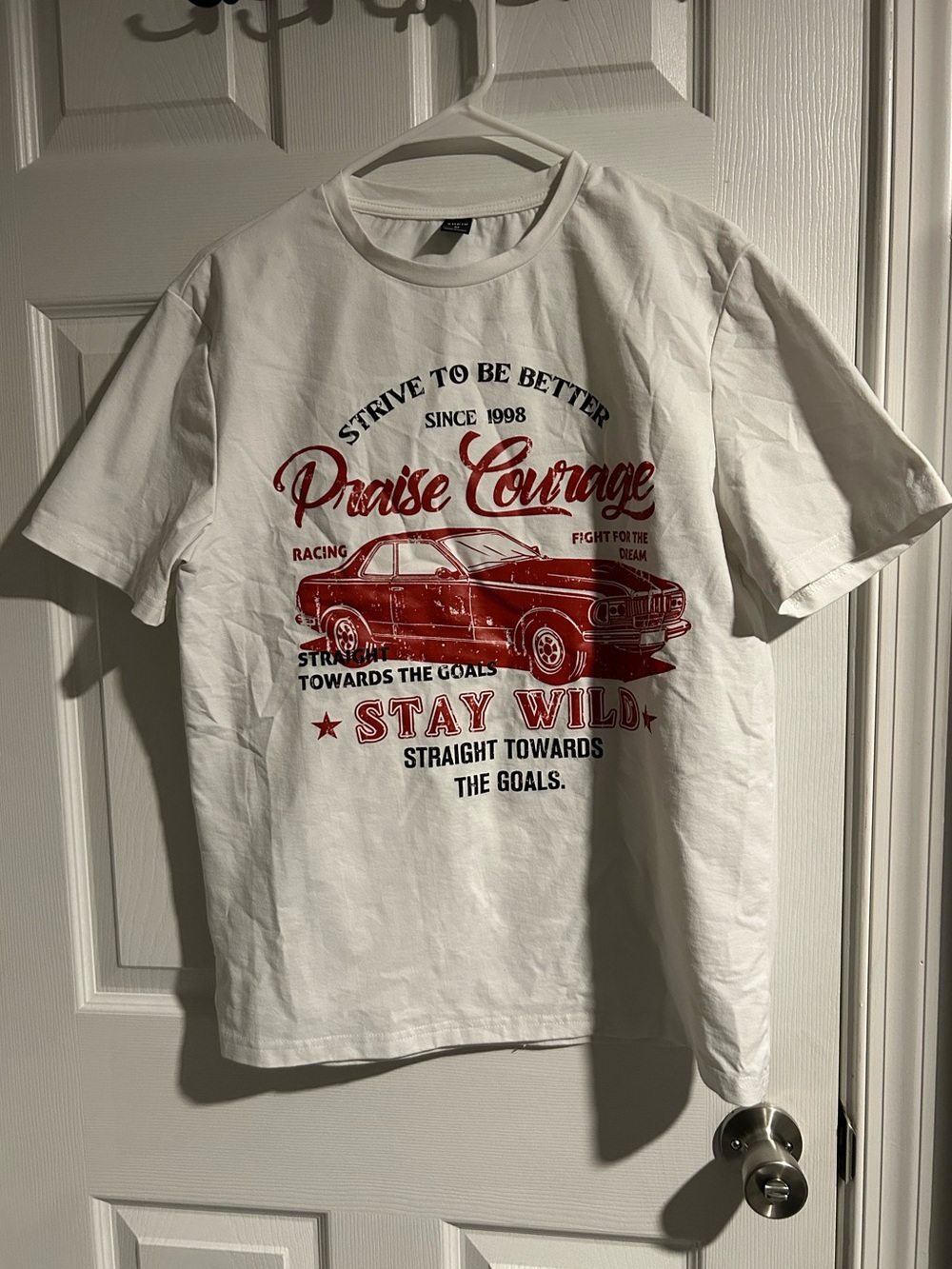 ‼️White and Red Car Graphic Tee Shirt